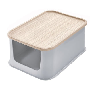 iDesign Eco BPA-Free Recycled Plastic Medium Open-Front Storage Bin with Paulownia Wood Lid, Gray - iDesign-Bin