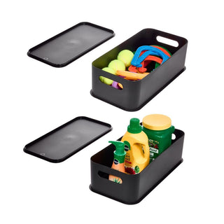 iDesign Eco Garage Storage Handled Bins with Lid, Made from Recycled Plastic - Set of 2, Matte Black - iDesign-Storage Bins