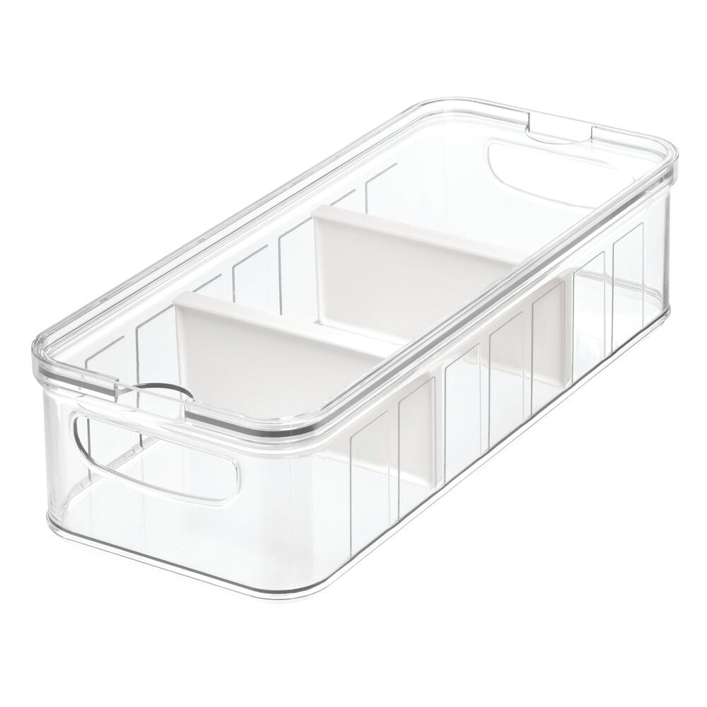 iDesign Crisp Plastic Refrigerator and Pantry Large Divided Bin with  Handles, Modular Stacking Food Storage Box for Freezer, Fridge, Office,  Cabinet, Bathroom, BPA Free, 14.82 x 6.32 x 3.76, Clear and White
