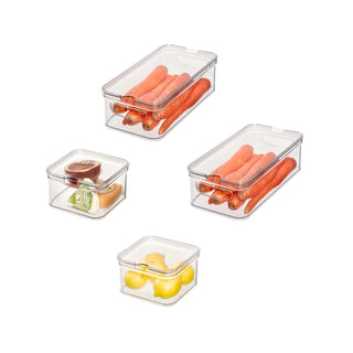 iDesign 4-Piece Recycled Plastic Refrigerator Organizer Bin Set with Lids, Clear/White