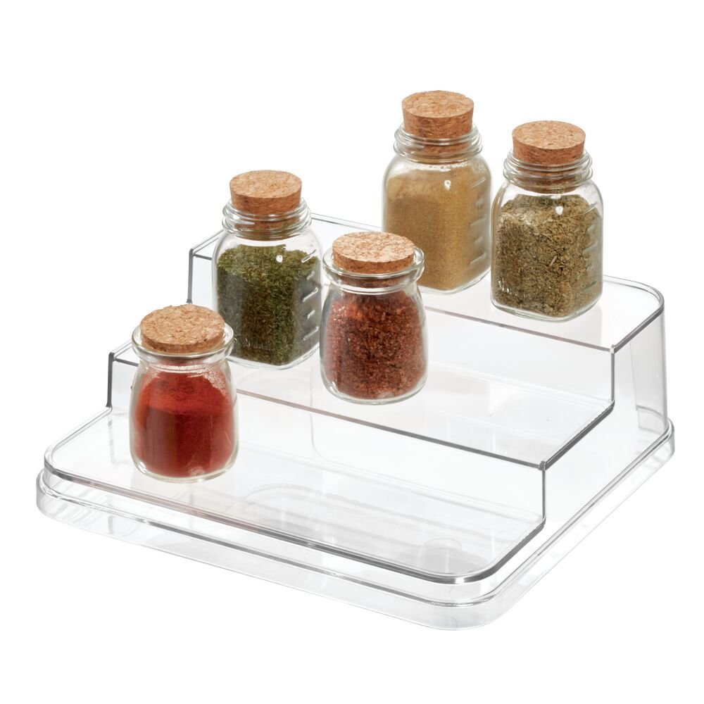 Wooden Spice Glass Jars Organizer - Expandable 3-Tier Shelf