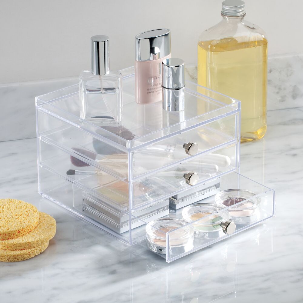 iDesign Med+ Medicine Cabinet and Vanity Organizer with 3 Compartments,  Clear, 9 x 3 x 2