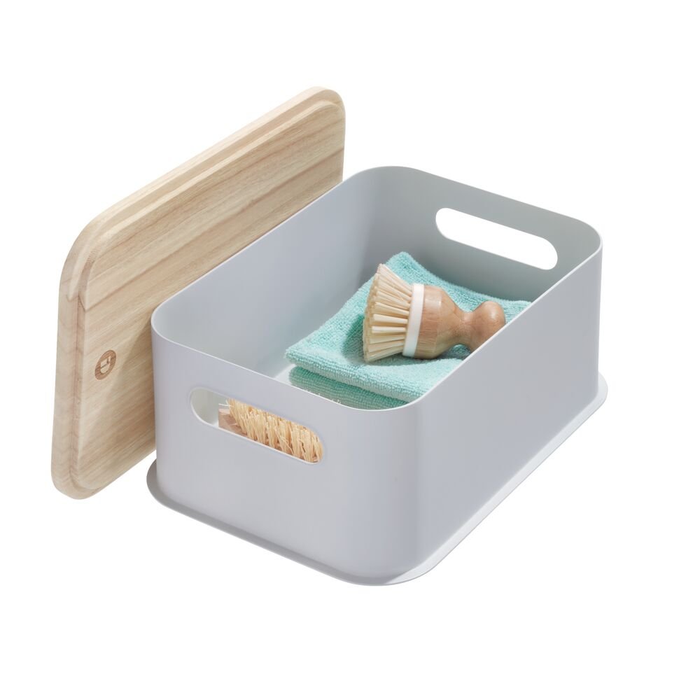 iDesign Eco BPA-Free Plastic Medium Lidded Bin with Handles, Wood/Gray - iDesign-Bin