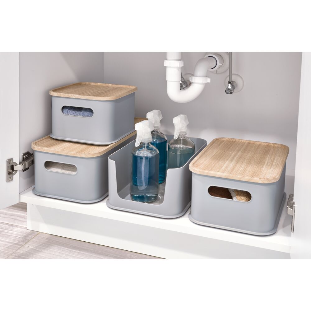 iDesign Eco BPA-Free Recycled Plastic Medium Open-Front Storage Bin with Paulownia Wood Lid, Gray