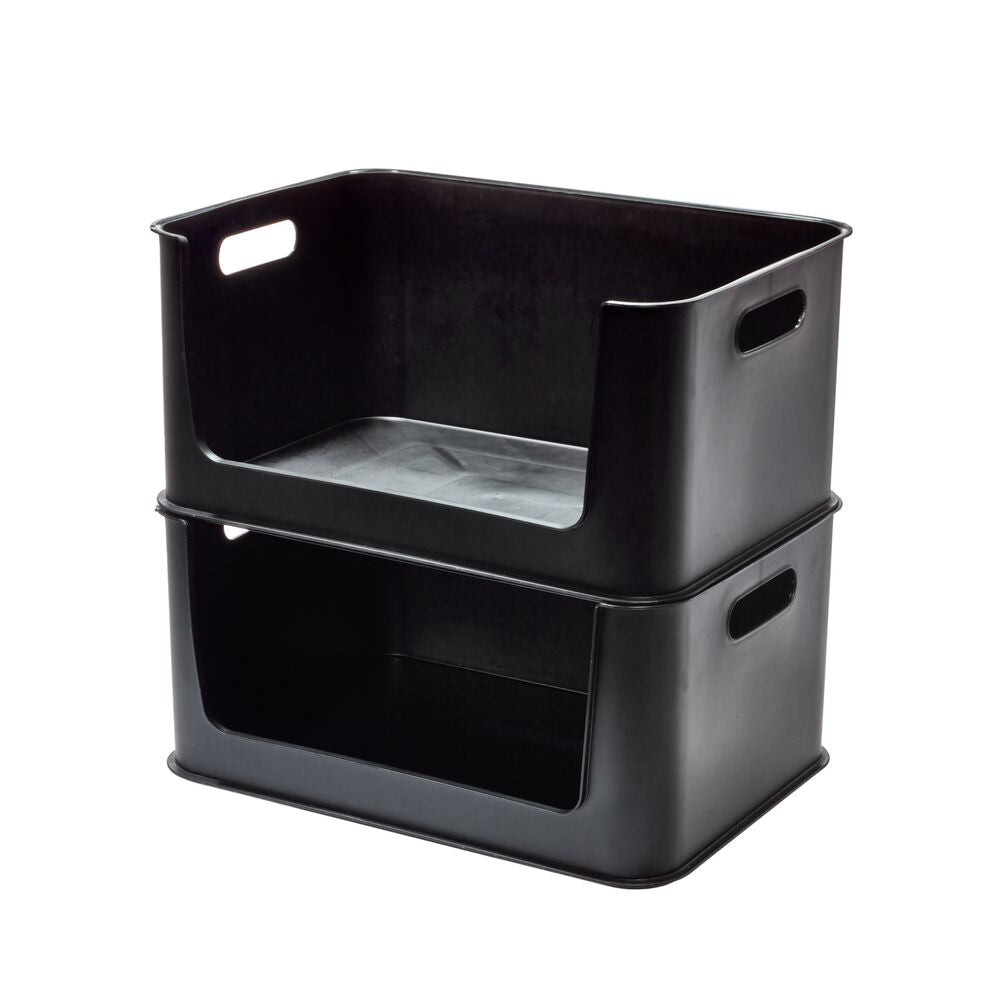 iDesign Eco Garage Storage Open Front Stackable Bins ,Made from Recycled Plastic, Set of 2, Matte Black