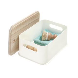 iDesign Plastic Medium Lidded Storage Bin with Handles, Wood/Coconut - iDesign-Eco Bin